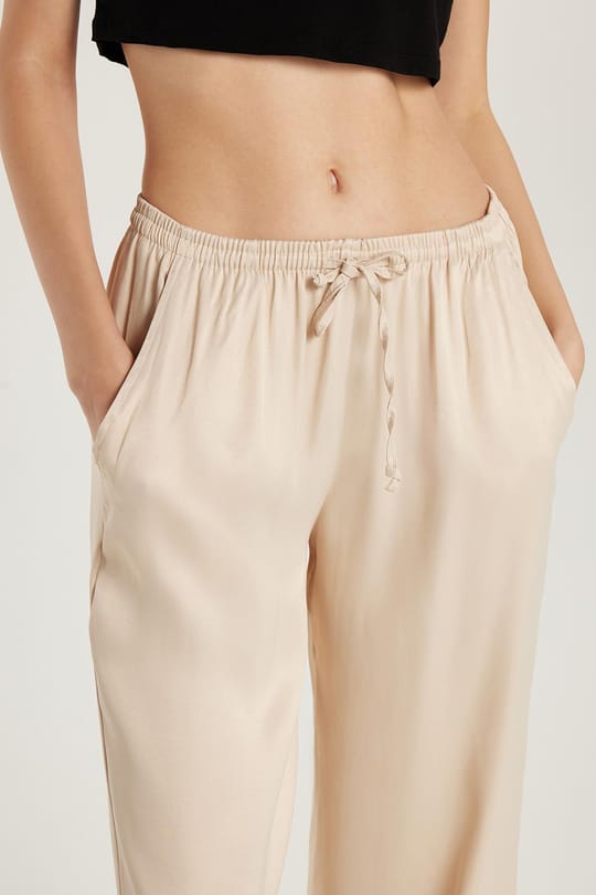 Kadın Regular Fit Beli Lastikli Bağlamalı Saten Palazzo Geniş Paça Taş Rengi Pantolon