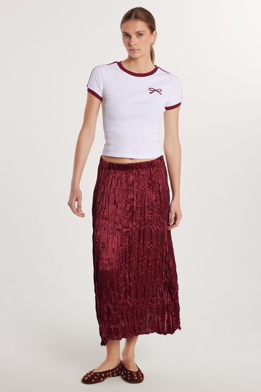 Kadın Regular Fit Desenli Saten Bordo Etek