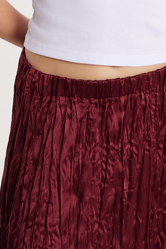 Kadın Regular Fit Desenli Saten Bordo Etek