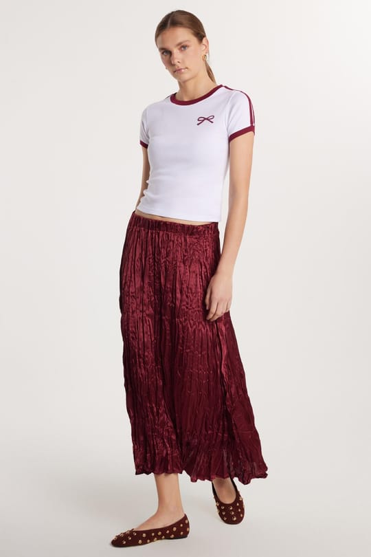 Kadın Regular Fit Desenli Saten Bordo Etek