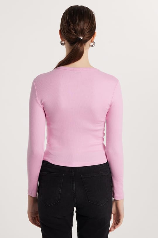 Kadın Modal Kumaş Slim Fit Dar Kesim Bisiklet Yaka Pembe Bluz