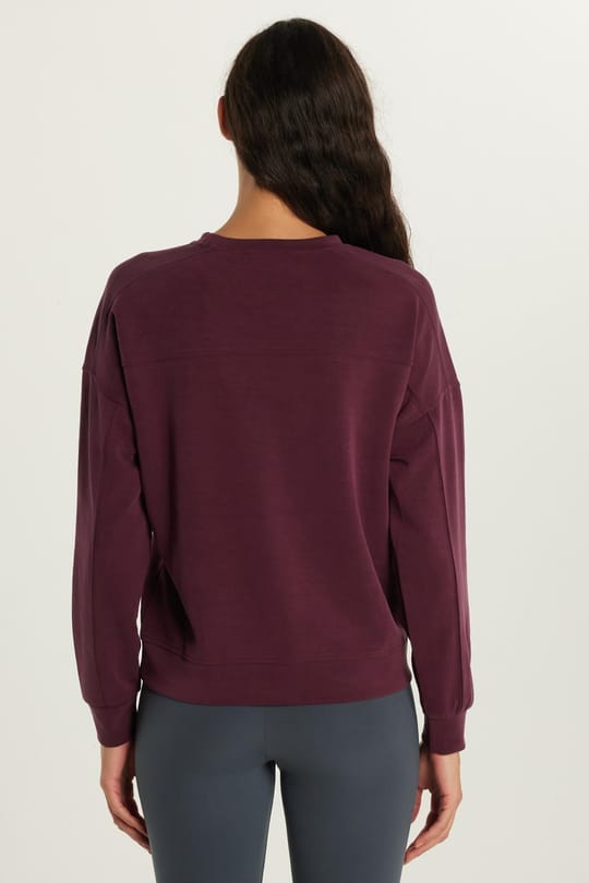 Kadın Modal Kumaş Oversize Geniş Kesim Düşük Kol Bisiklet Yaka Bordo Sweatshirt