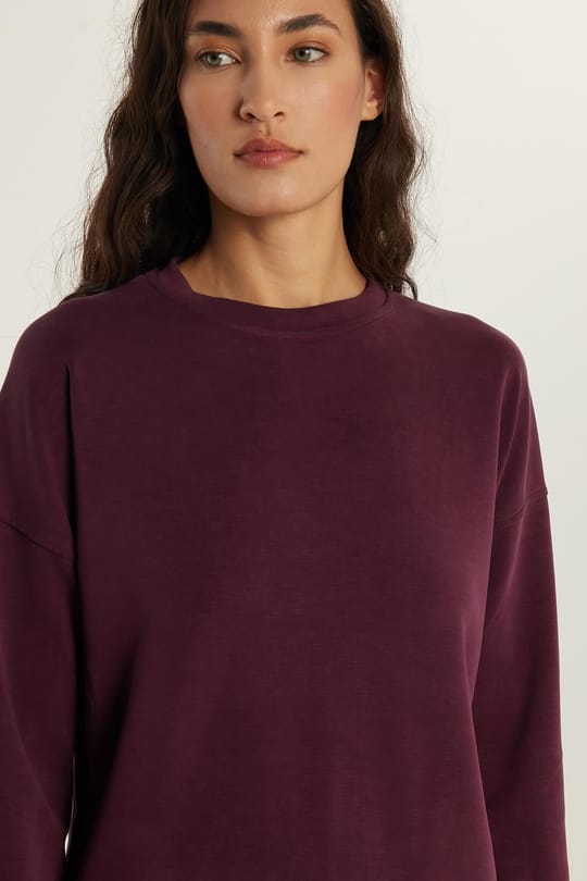Kadın Modal Kumaş Oversize Geniş Kesim Düşük Kol Bisiklet Yaka Bordo Sweatshirt