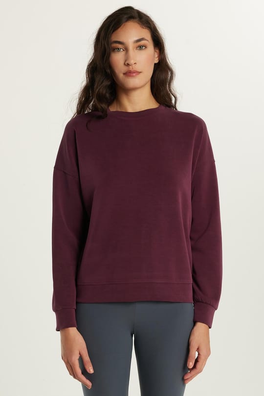Kadın Modal Kumaş Oversize Geniş Kesim Düşük Kol Bisiklet Yaka Bordo Sweatshirt