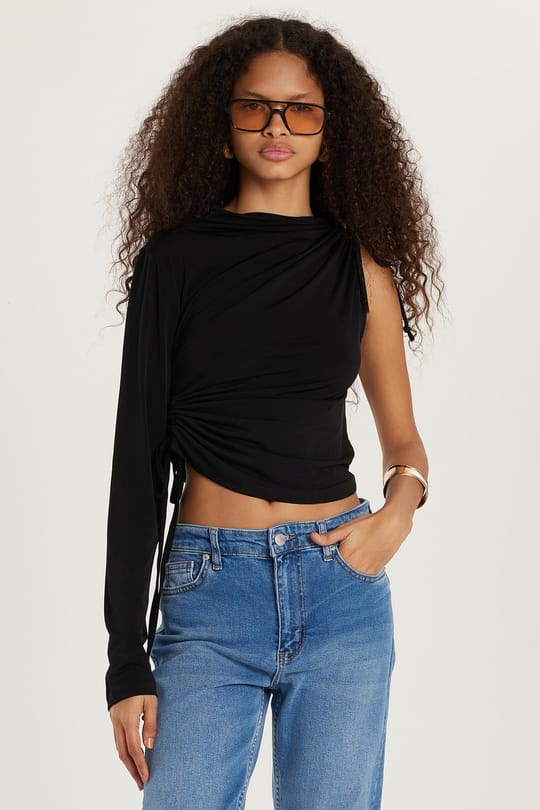 Kadın Slim Fit Dar Kesim Tek Kollu Yandan Bağcık Detaylı Siyah Bluz