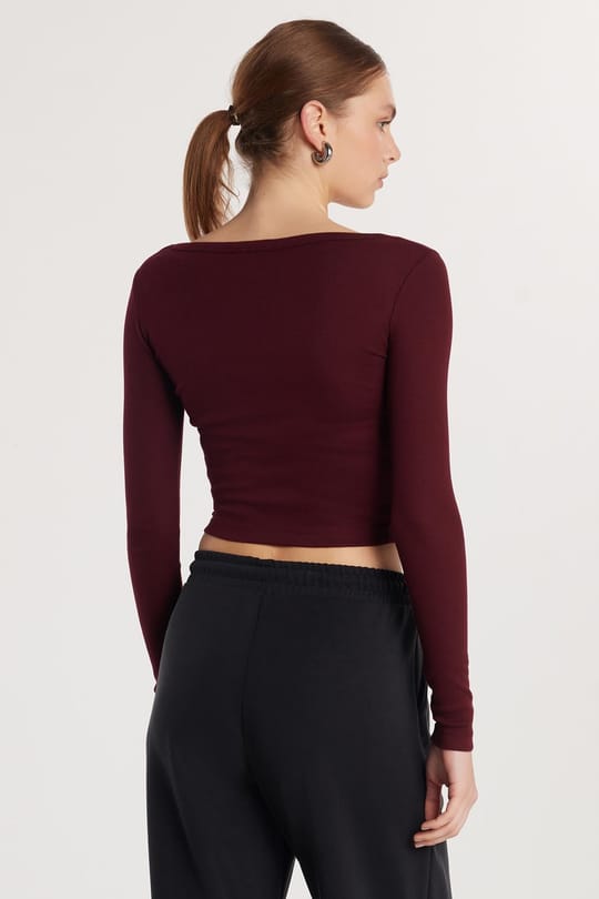 Kadın Modal Kumaş Slim Fit Dar Kesim Uzun Kollu Geniş Yaka Bordo Bluz