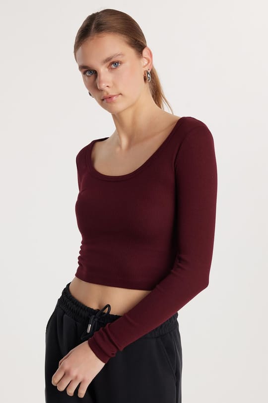 Kadın Modal Kumaş Slim Fit Dar Kesim Uzun Kollu Geniş Yaka Bordo Bluz