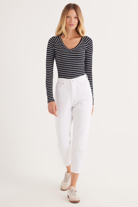 Kadın Slim Fit Dar Kesim Çizgili Uzun Kollu Geniş Yaka Bluz