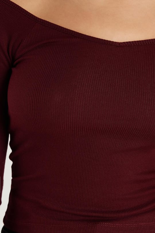 Kadın Modal Kumaş Slim Fit Dar Kesim Uzun Kollu Kayık Yaka Bordo Bluz