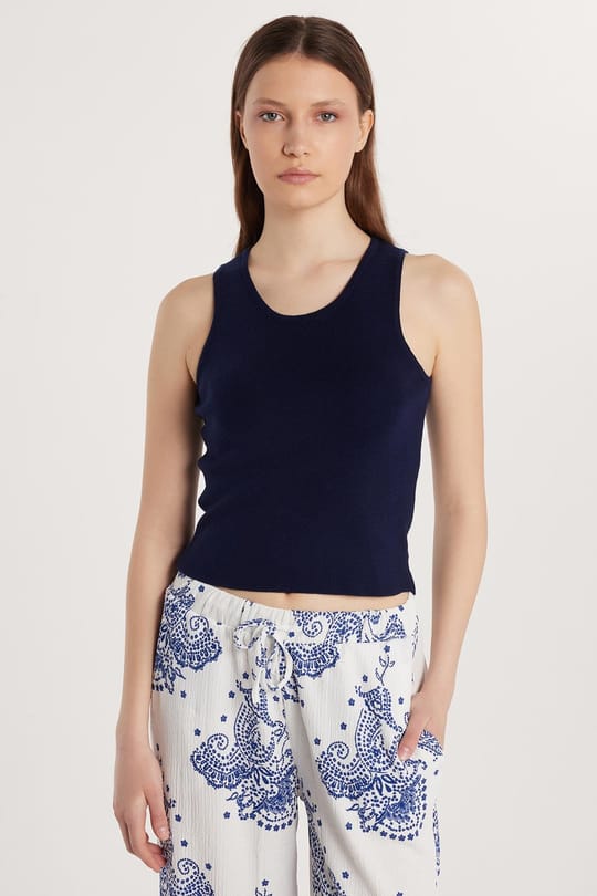 Kadın Slim Fit Düz Geniş Yaka Lacivert Atlet