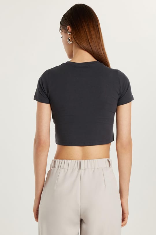 Kadın Slim Fit Dar Kesim Pamuklu Bisiklet Yaka Antrasit Tişört