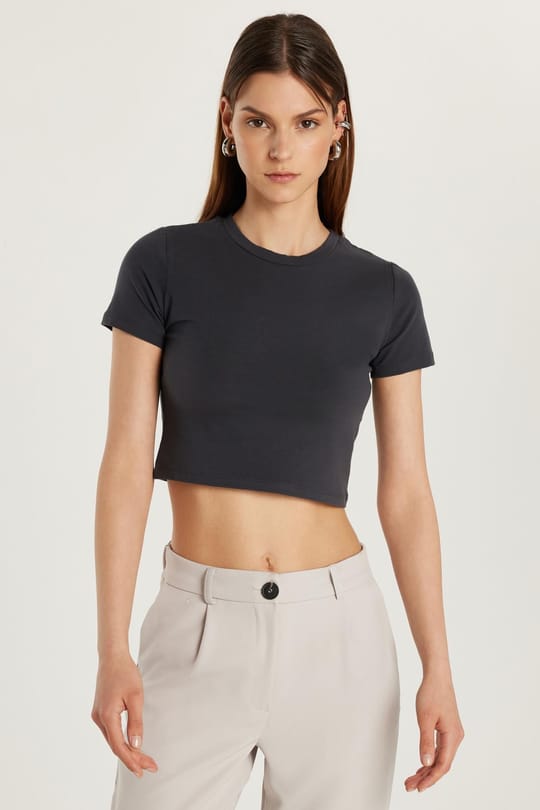 Kadın Slim Fit Dar Kesim Pamuklu Bisiklet Yaka Antrasit Tişört