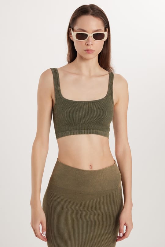 Kadın Slim Fit Dar Kesim Askılı U Yaka Haki Crop Atlet