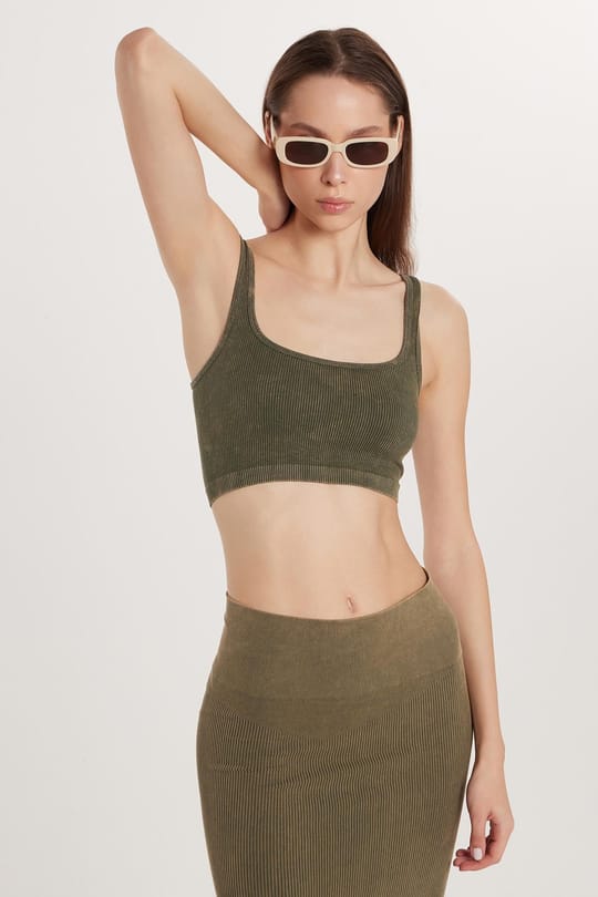 Kadın Slim Fit Dar Kesim Askılı U Yaka Haki Crop Atlet