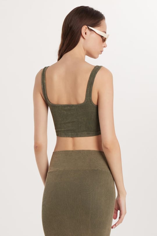 Kadın Slim Fit Dar Kesim Askılı U Yaka Haki Crop Atlet