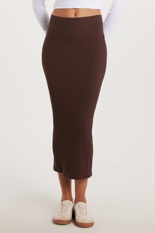 Kadın Slim Fit Pamuklu Düz Uzun Kahverengi Etek