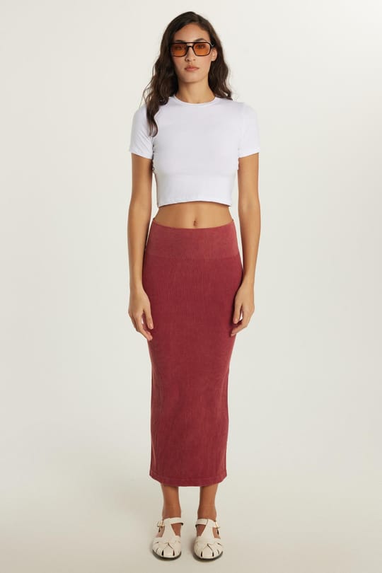 Kadın Slim Fit Pamuklu Düz Uzun Bordo Etek