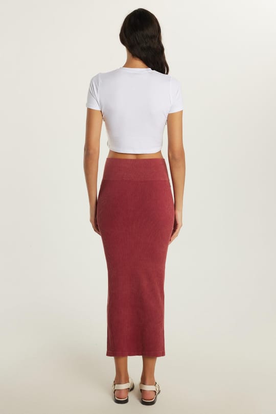 Kadın Slim Fit Pamuklu Düz Uzun Bordo Etek