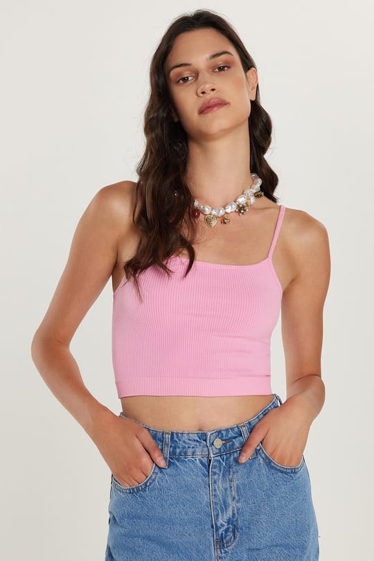Kadın Slim Fit Dar Kesim İnce Askılı U Yaka Pembe Crop Atlet