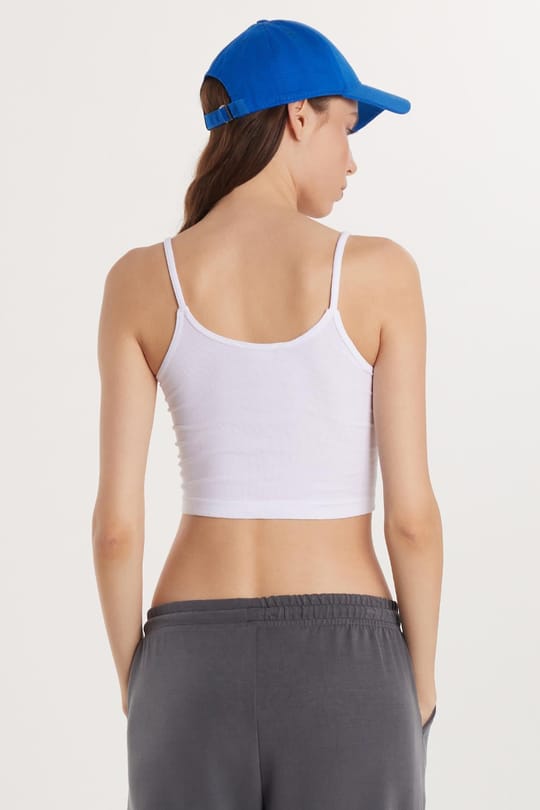 Kadın Slim Fit Dar Kesim İnce Askılı U Yaka Beyaz Crop Atlet