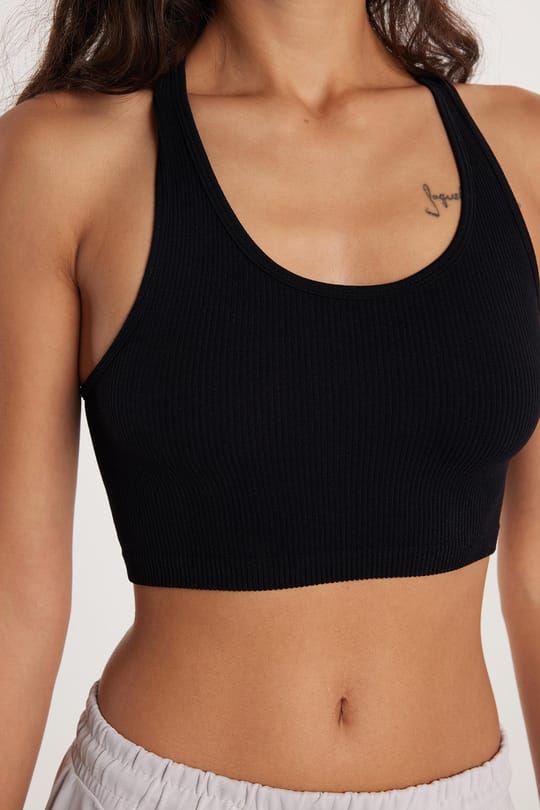 Kadın Slim Fit Dar Kesim Askılı U Yaka Siyah Crop Atlet