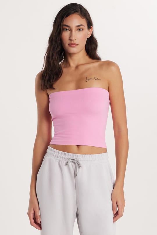 Kadın Slim Fit Pamuklu Straplez Düz Pembe Bluz