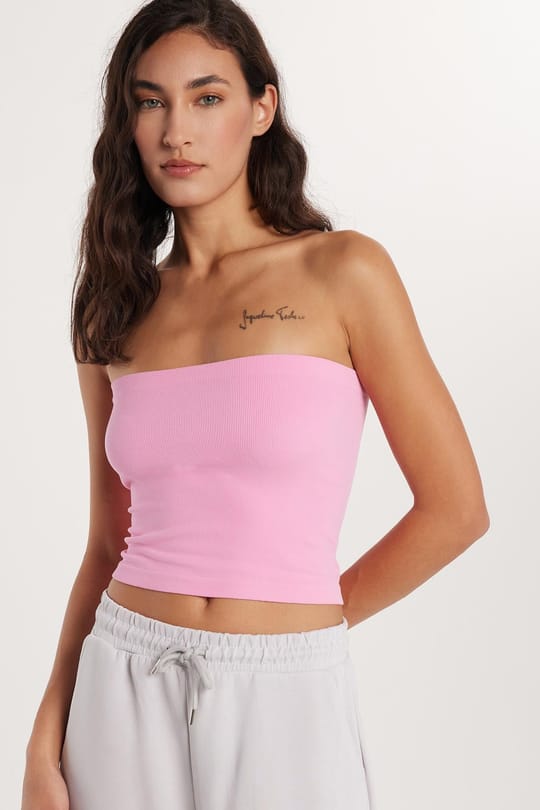 Kadın Slim Fit Pamuklu Straplez Düz Pembe Bluz