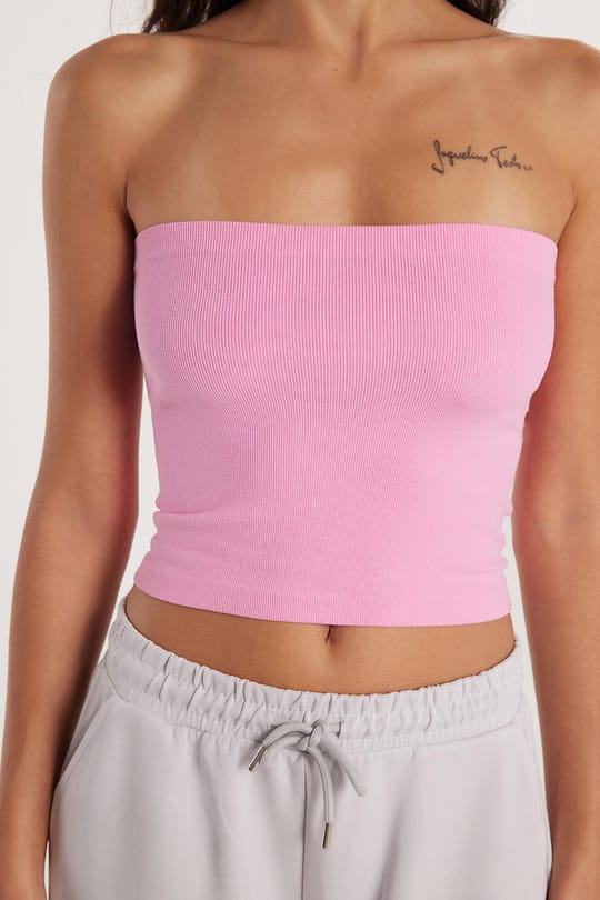 Kadın Slim Fit Pamuklu Straplez Düz Pembe Bluz