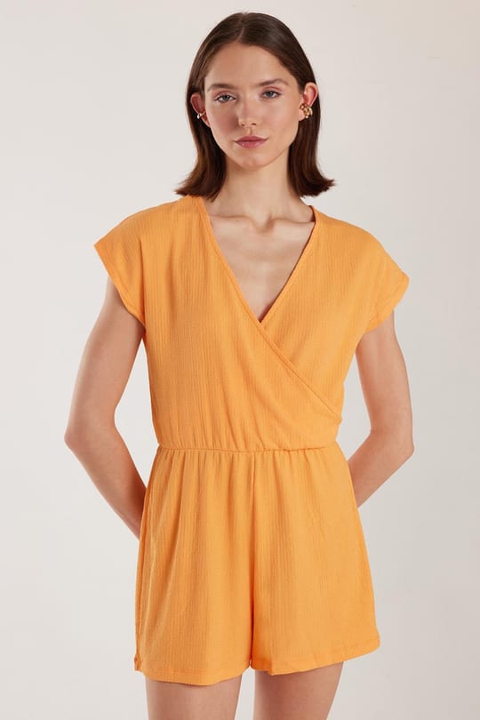 Kadın Regular Fit Kısa Kollu V Yaka Turuncu Tulum