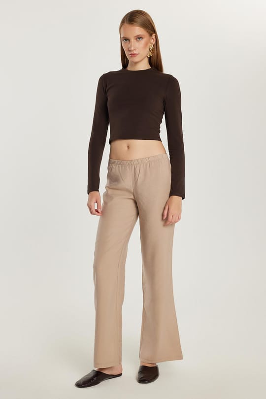 Kadın Regular Fit Beli Lastikli Modal İspanyol Paça Vizon Pantolon