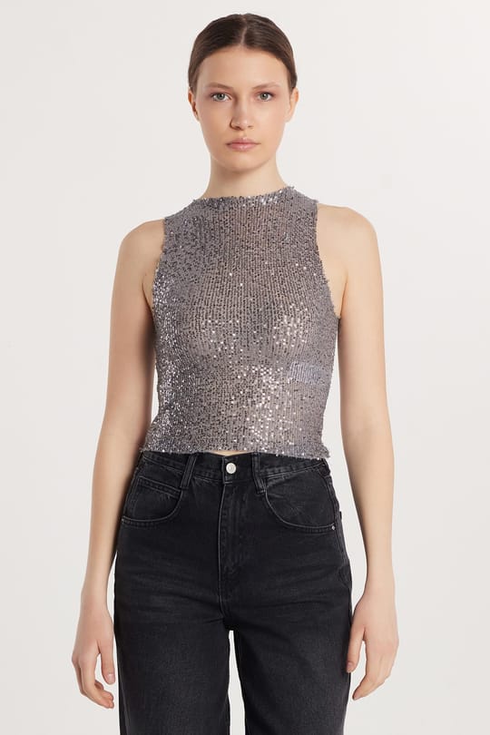 Kadın Slim Fit Dar Kesim Sıfır Kol Payetli Halter Yaka Gri Bluz