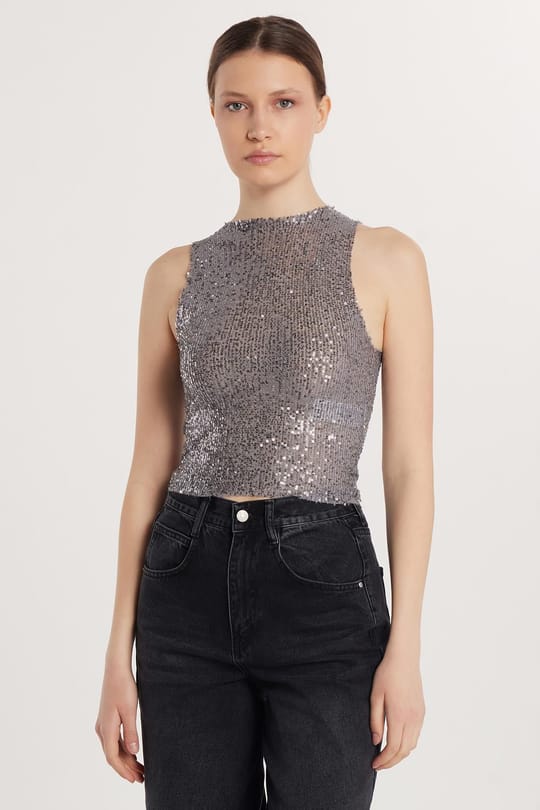 Kadın Slim Fit Dar Kesim Sıfır Kol Payetli Halter Yaka Gri Bluz