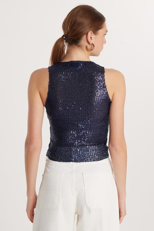 Kadın Slim Fit Dar Kesim Sıfır Kol Payetli Halter Yaka Lacivert Bluz