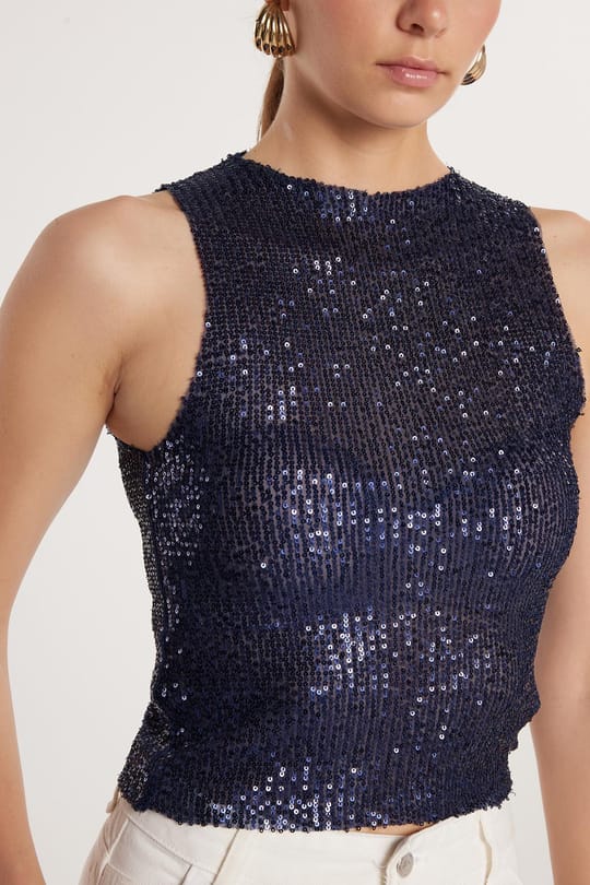 Kadın Slim Fit Dar Kesim Sıfır Kol Payetli Halter Yaka Lacivert Bluz