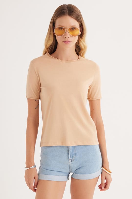 Kadın Slim Fit Dar Kesim %100 Pamuk Bisiklet Yaka Kahverengi Tişört