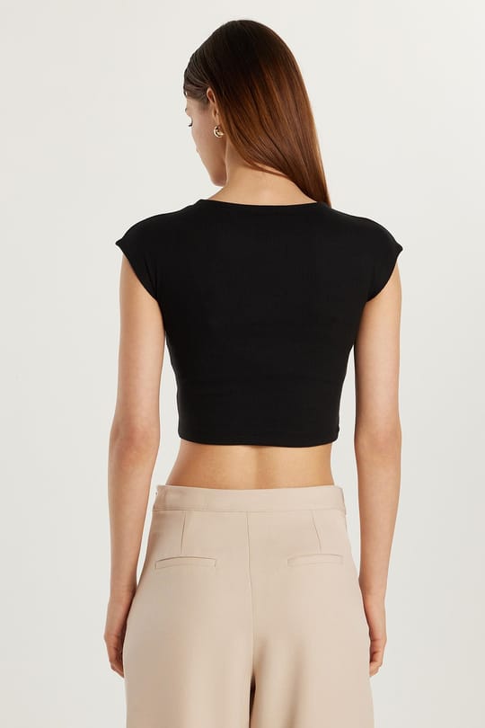 Kadın Modal Kumaş Slim Fit Dar Kesim Kısa Kollu Bisiklet Yaka Siyah Bluz 