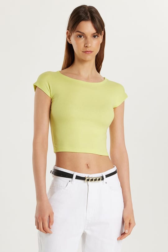 Kadın Modal Kumaş Slim Fit Dar Kesim Kısa Kollu Bisiklet Yaka Yeşil Bluz 