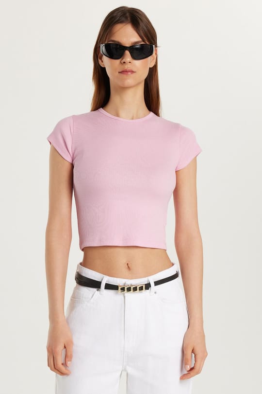 Kadın Modal Kumaş Slim Fit Dar Kesim Kısa Kollu Bisiklet Yaka Pembe Tişört