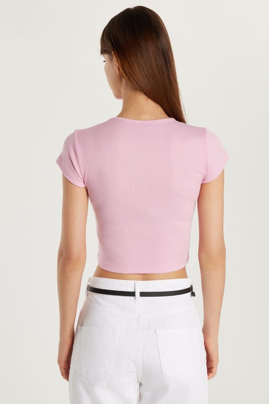 Kadın Modal Kumaş Slim Fit Dar Kesim Kısa Kollu Bisiklet Yaka Pembe Tişört