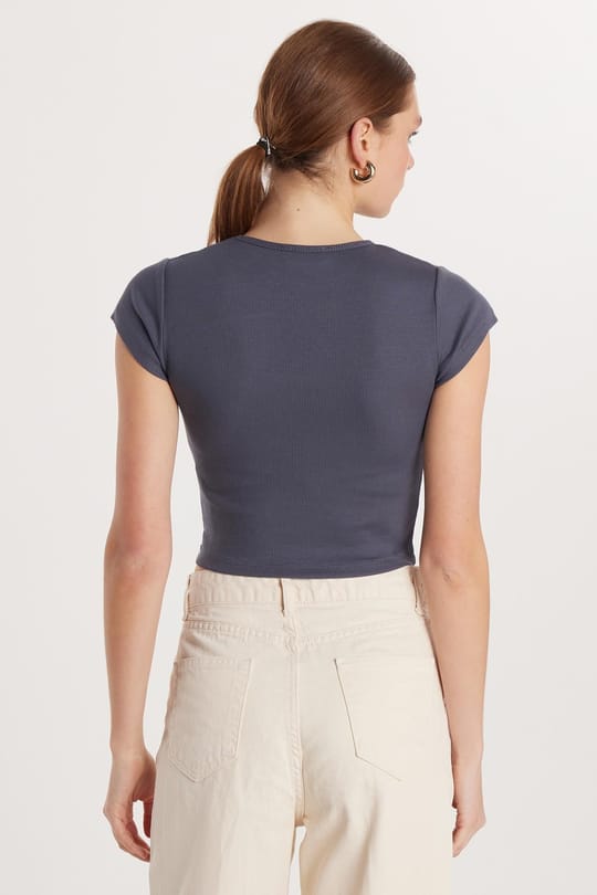 Kadın Modal Kumaş Slim Fit Dar Kesim Kısa Kollu Bisiklet Yaka Antrasit Tişört