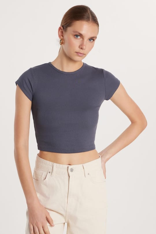 Kadın Modal Kumaş Slim Fit Dar Kesim Kısa Kollu Bisiklet Yaka Antrasit Tişört