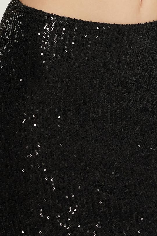 Kadın Slim Fit Simli Uzun Düz Siyah Etek