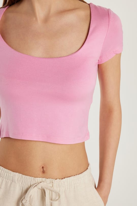 Kadın Slim Fit Dar Kesim Kısa Kollu U Yaka Pembe Bluz