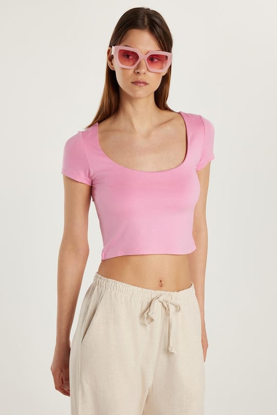 Kadın Slim Fit Dar Kesim Kısa Kollu U Yaka Pembe Bluz