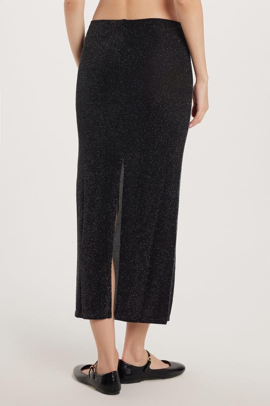Kadın Slim Fit Simli Düz Siyah Etek