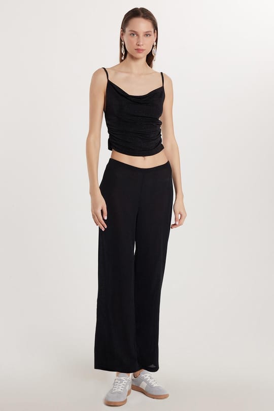 Kadın Slim Fit Dar Kesim Beli Lastikli Palazzo Geniş Paça Siyah Pantolon