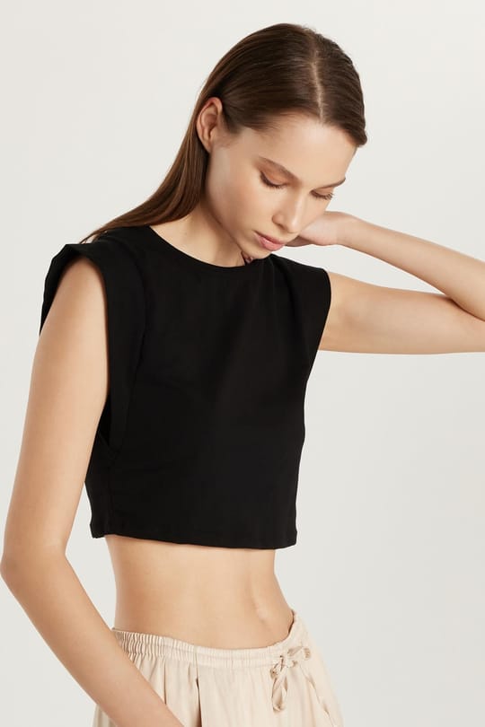 Kadın Slim Fit Dar Kesim Sıfır Kollu Bisiklet Yaka Siyah Bluz