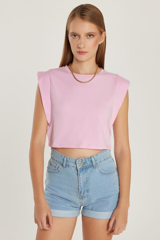 Kadın Slim Fit Dar Kesim Sıfır Kollu Bisiklet Yaka Pembe Bluz