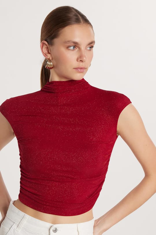 Kadın Slim Fit Dar Kesim Lastikli Kısa Kol Bordo Bisiklet Yaka Bluz