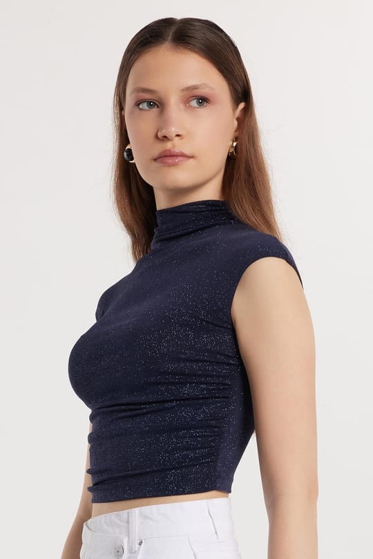 Kadın Slim Fit Dar Kesim Lastikli Kısa Kol Lacivert Bisiklet Yaka Bluz